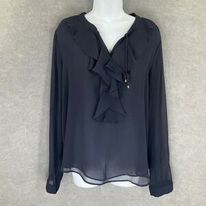 Tommy‎ Hilfiger Top Women's XL Blue Ruffle V Neck Long Sleeve Blouse Office